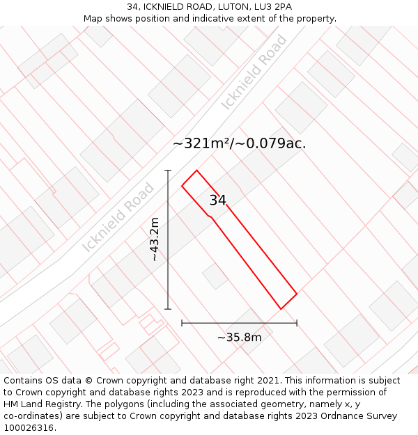 34, ICKNIELD ROAD, LUTON, LU3 2PA: Plot and title map