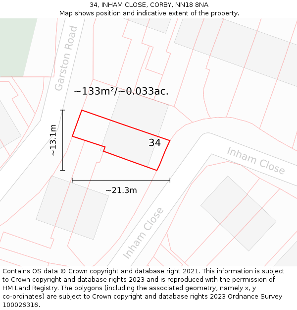 34, INHAM CLOSE, CORBY, NN18 8NA: Plot and title map