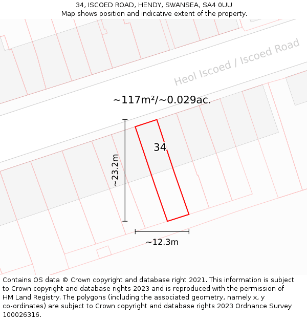 34, ISCOED ROAD, HENDY, SWANSEA, SA4 0UU: Plot and title map