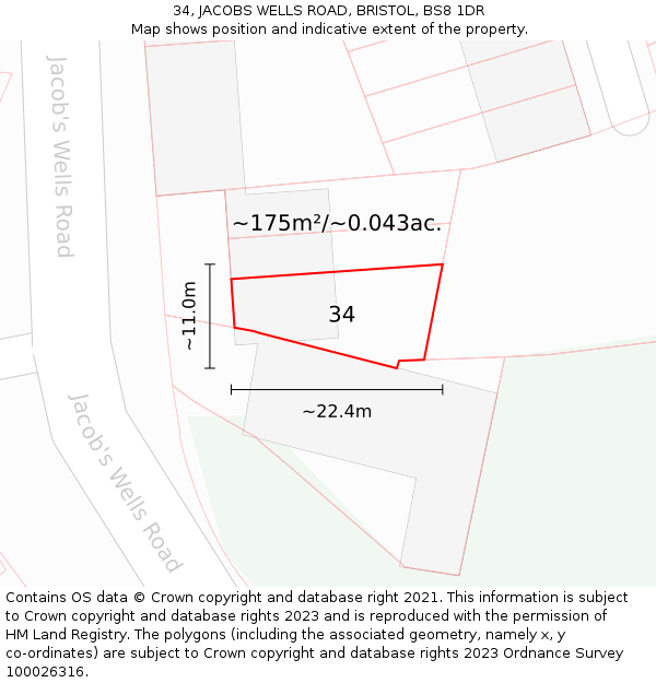 34, JACOBS WELLS ROAD, BRISTOL, BS8 1DR: Plot and title map