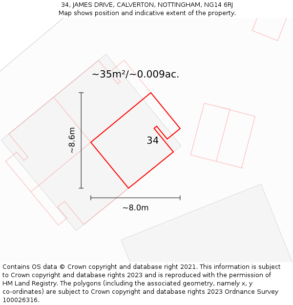 34, JAMES DRIVE, CALVERTON, NOTTINGHAM, NG14 6RJ: Plot and title map