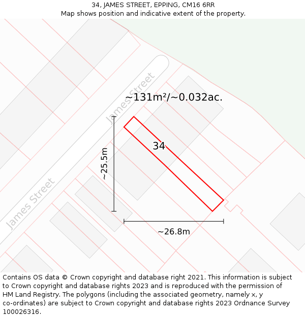 34, JAMES STREET, EPPING, CM16 6RR: Plot and title map