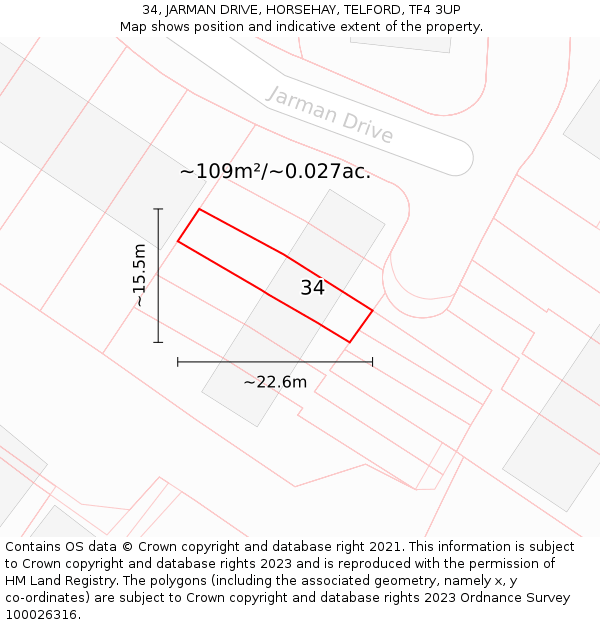 34, JARMAN DRIVE, HORSEHAY, TELFORD, TF4 3UP: Plot and title map