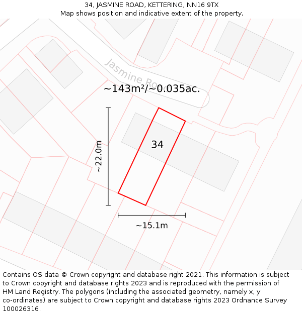 34, JASMINE ROAD, KETTERING, NN16 9TX: Plot and title map