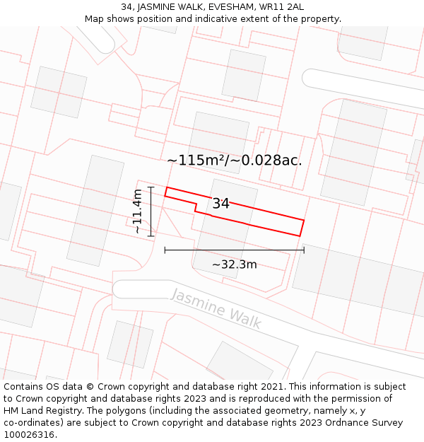 34, JASMINE WALK, EVESHAM, WR11 2AL: Plot and title map