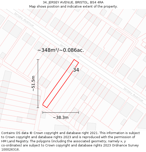34, JERSEY AVENUE, BRISTOL, BS4 4RA: Plot and title map