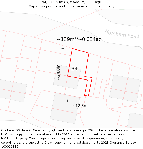 34, JERSEY ROAD, CRAWLEY, RH11 9QB: Plot and title map