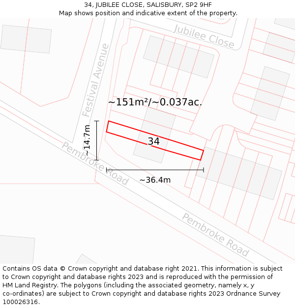 34, JUBILEE CLOSE, SALISBURY, SP2 9HF: Plot and title map