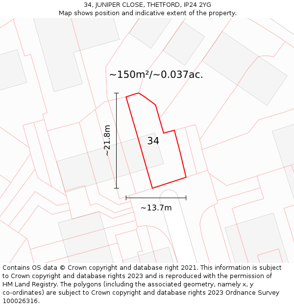 34, JUNIPER CLOSE, THETFORD, IP24 2YG: Plot and title map