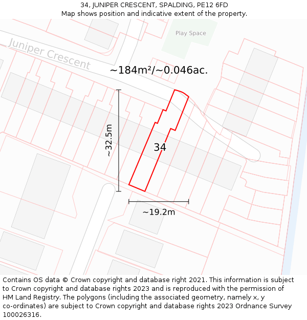 34, JUNIPER CRESCENT, SPALDING, PE12 6FD: Plot and title map