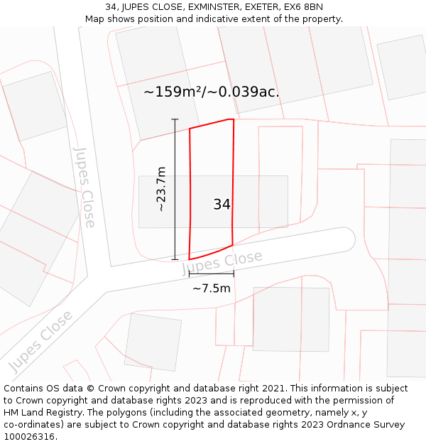 34, JUPES CLOSE, EXMINSTER, EXETER, EX6 8BN: Plot and title map