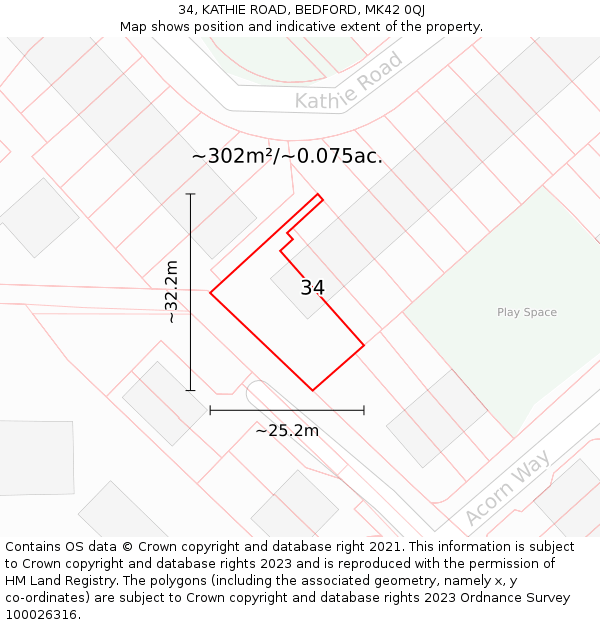 34, KATHIE ROAD, BEDFORD, MK42 0QJ: Plot and title map