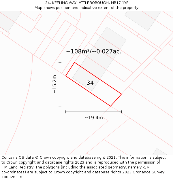 34, KEELING WAY, ATTLEBOROUGH, NR17 1YF: Plot and title map