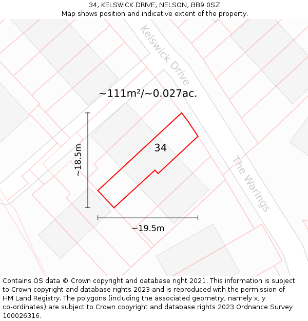 34, KELSWICK DRIVE, NELSON, BB9 0SZ: Plot and title map