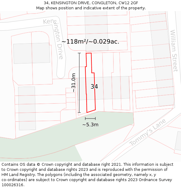 34, KENSINGTON DRIVE, CONGLETON, CW12 2GF: Plot and title map
