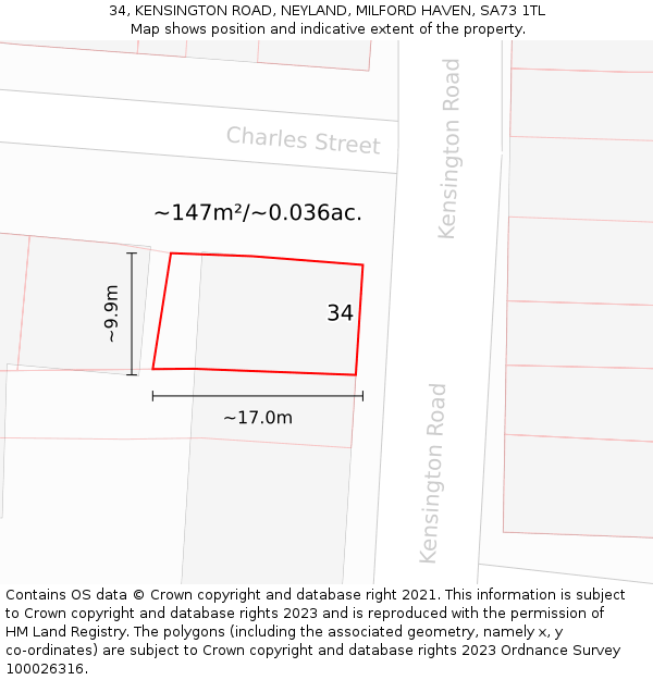 34, KENSINGTON ROAD, NEYLAND, MILFORD HAVEN, SA73 1TL: Plot and title map