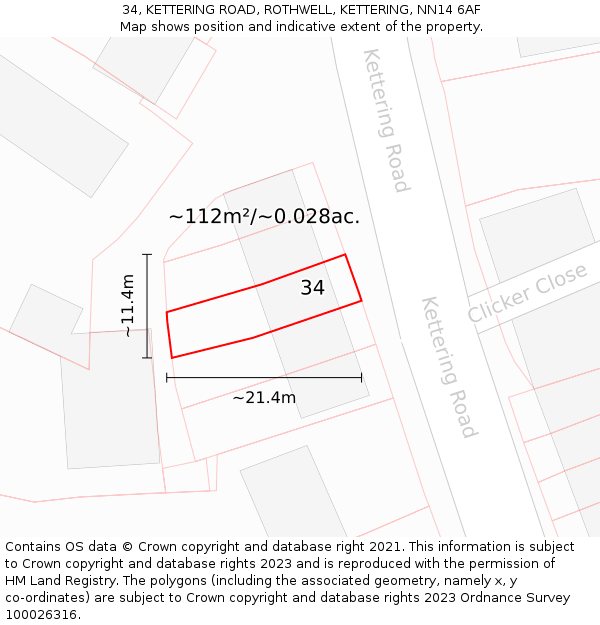 34, KETTERING ROAD, ROTHWELL, KETTERING, NN14 6AF: Plot and title map