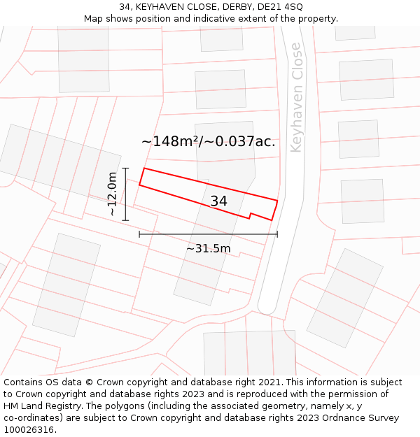 34, KEYHAVEN CLOSE, DERBY, DE21 4SQ: Plot and title map