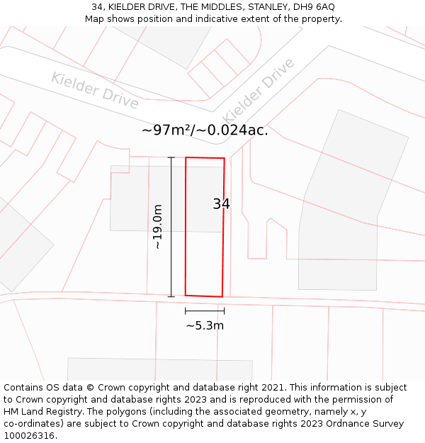 34, KIELDER DRIVE, THE MIDDLES, STANLEY, DH9 6AQ: Plot and title map