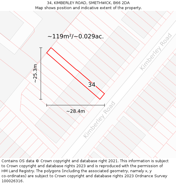 34, KIMBERLEY ROAD, SMETHWICK, B66 2DA: Plot and title map