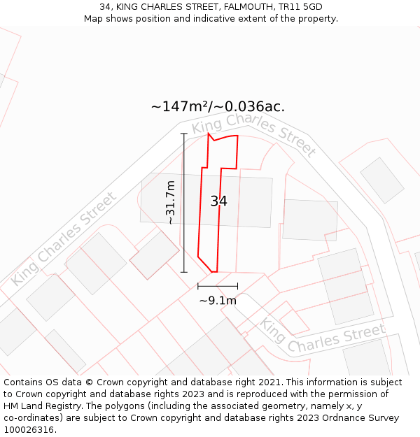 34, KING CHARLES STREET, FALMOUTH, TR11 5GD: Plot and title map