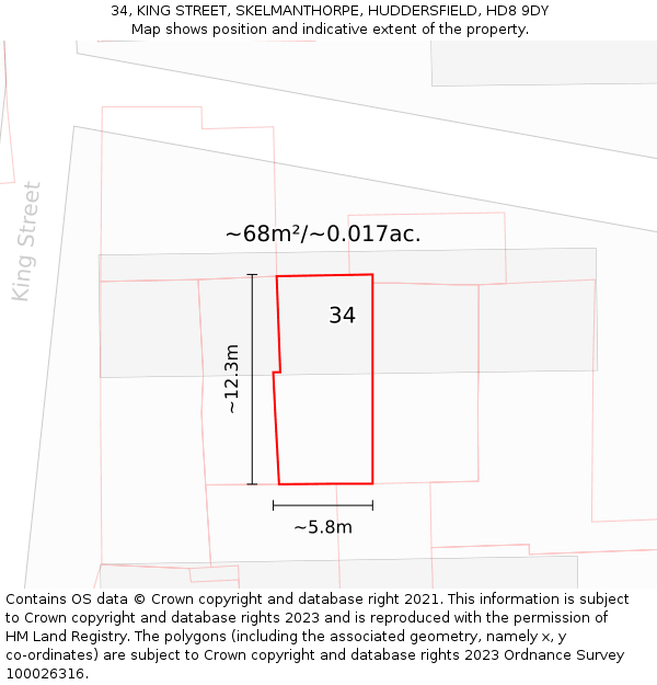 34, KING STREET, SKELMANTHORPE, HUDDERSFIELD, HD8 9DY: Plot and title map