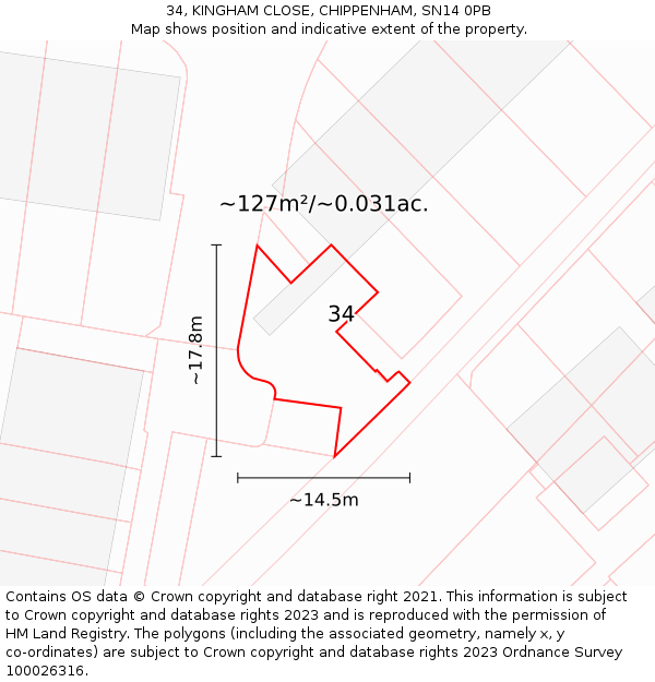 34, KINGHAM CLOSE, CHIPPENHAM, SN14 0PB: Plot and title map