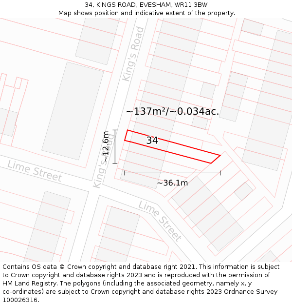 34, KINGS ROAD, EVESHAM, WR11 3BW: Plot and title map