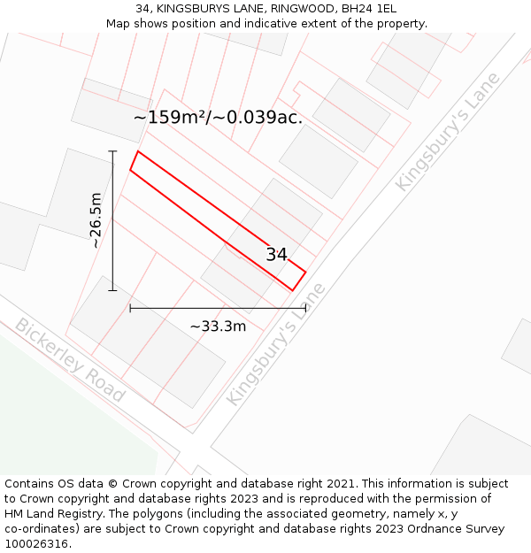 34, KINGSBURYS LANE, RINGWOOD, BH24 1EL: Plot and title map