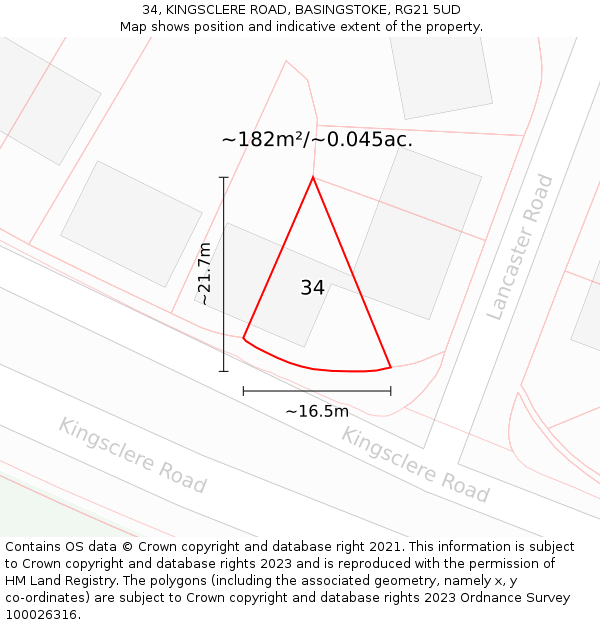 34, KINGSCLERE ROAD, BASINGSTOKE, RG21 5UD: Plot and title map