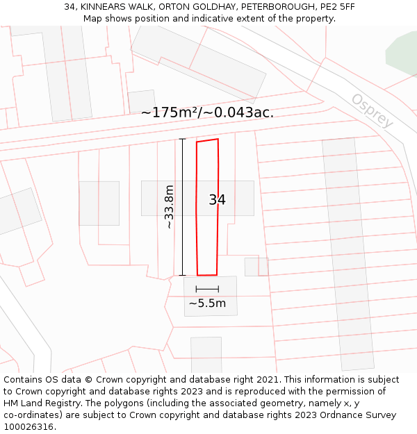 34, KINNEARS WALK, ORTON GOLDHAY, PETERBOROUGH, PE2 5FF: Plot and title map