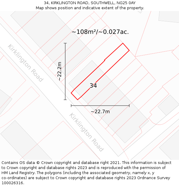 34, KIRKLINGTON ROAD, SOUTHWELL, NG25 0AY: Plot and title map