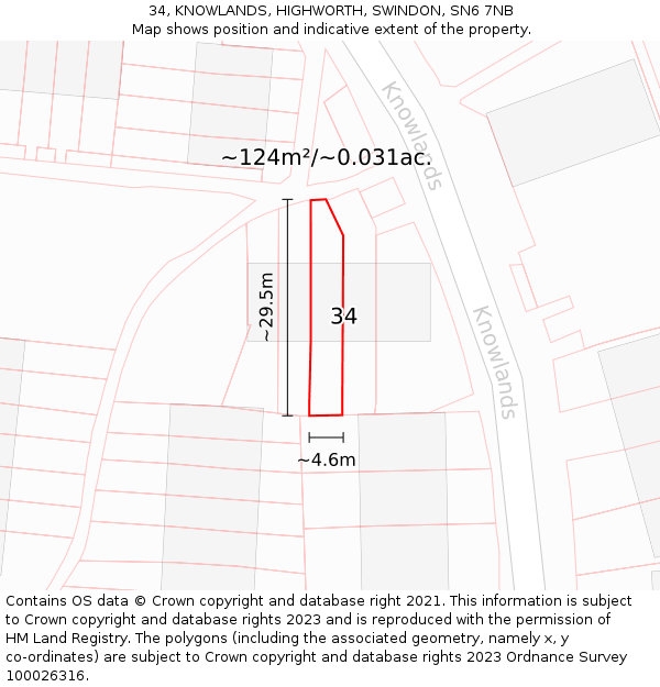 34, KNOWLANDS, HIGHWORTH, SWINDON, SN6 7NB: Plot and title map