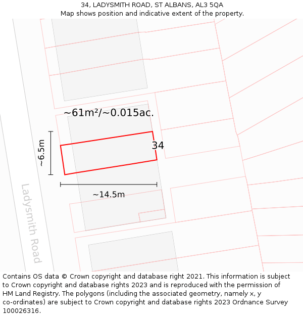 34, LADYSMITH ROAD, ST ALBANS, AL3 5QA: Plot and title map