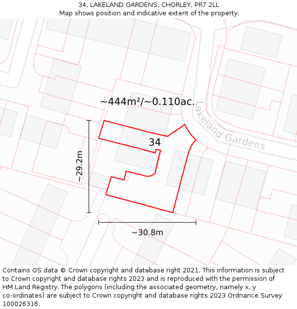 34, LAKELAND GARDENS, CHORLEY, PR7 2LL: Plot and title map