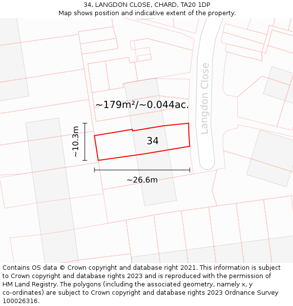 34, LANGDON CLOSE, CHARD, TA20 1DP: Plot and title map