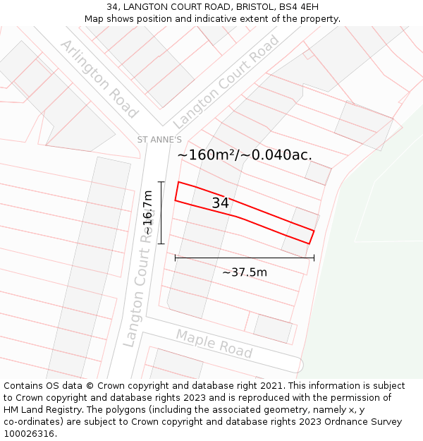 34, LANGTON COURT ROAD, BRISTOL, BS4 4EH: Plot and title map