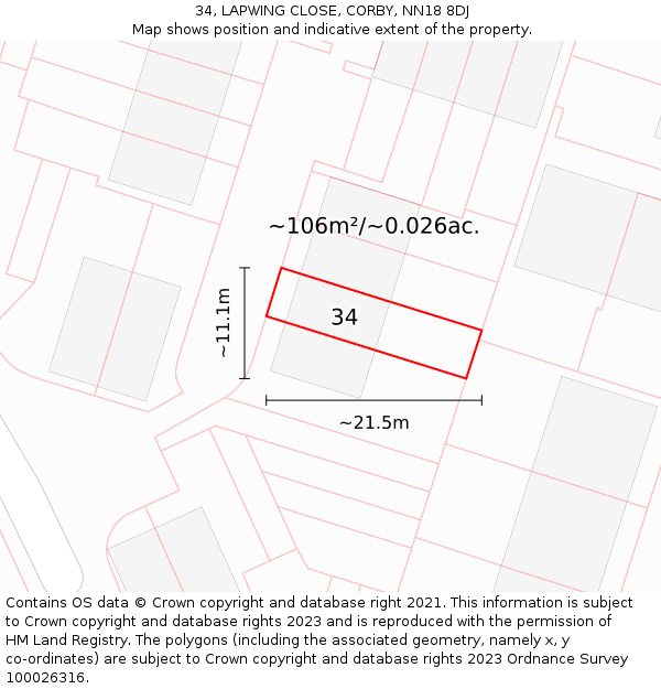 34, LAPWING CLOSE, CORBY, NN18 8DJ: Plot and title map