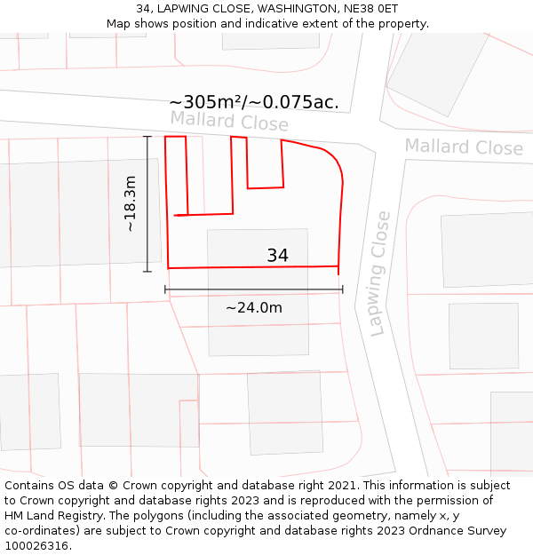34, LAPWING CLOSE, WASHINGTON, NE38 0ET: Plot and title map