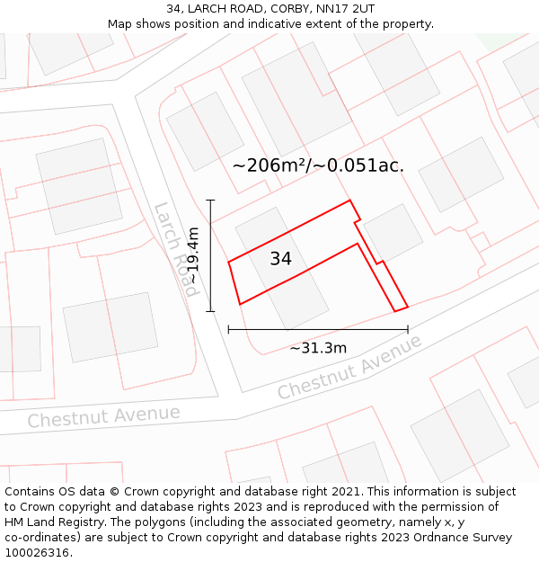 34, LARCH ROAD, CORBY, NN17 2UT: Plot and title map