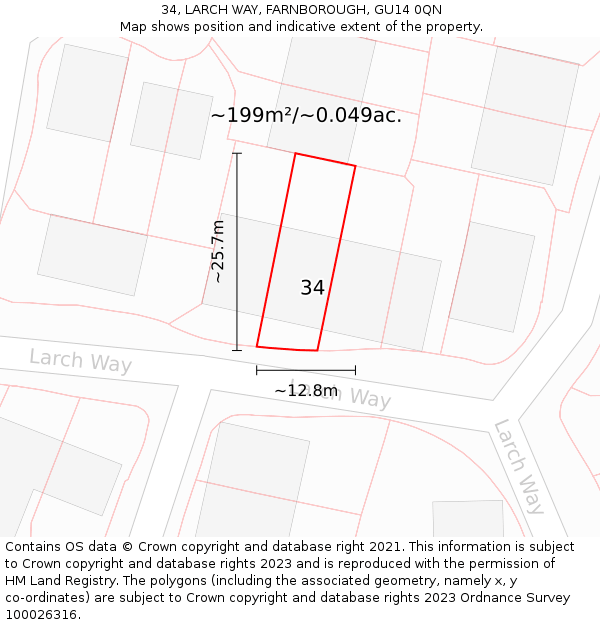 34, LARCH WAY, FARNBOROUGH, GU14 0QN: Plot and title map