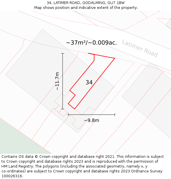 34, LATIMER ROAD, GODALMING, GU7 1BW: Plot and title map