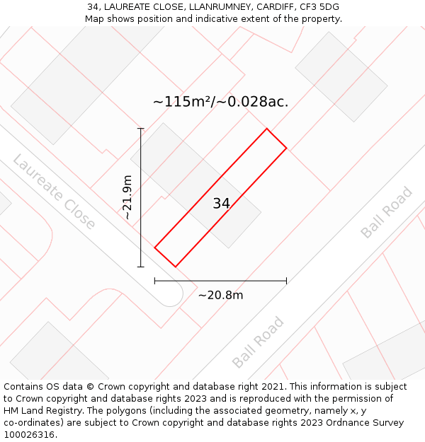 34, LAUREATE CLOSE, LLANRUMNEY, CARDIFF, CF3 5DG: Plot and title map