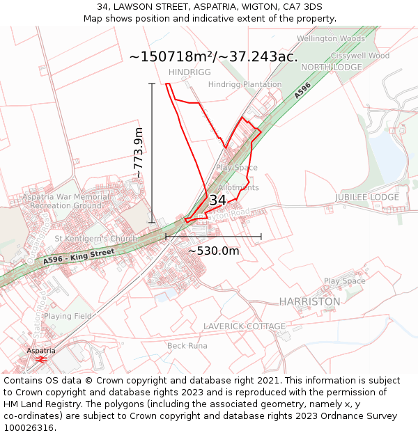 34, LAWSON STREET, ASPATRIA, WIGTON, CA7 3DS: Plot and title map