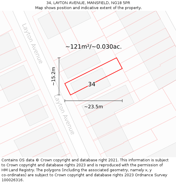 34, LAYTON AVENUE, MANSFIELD, NG18 5PR: Plot and title map