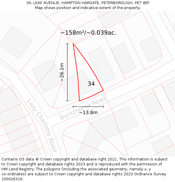 34, LEAF AVENUE, HAMPTON HARGATE, PETERBOROUGH, PE7 8EF: Plot and title map
