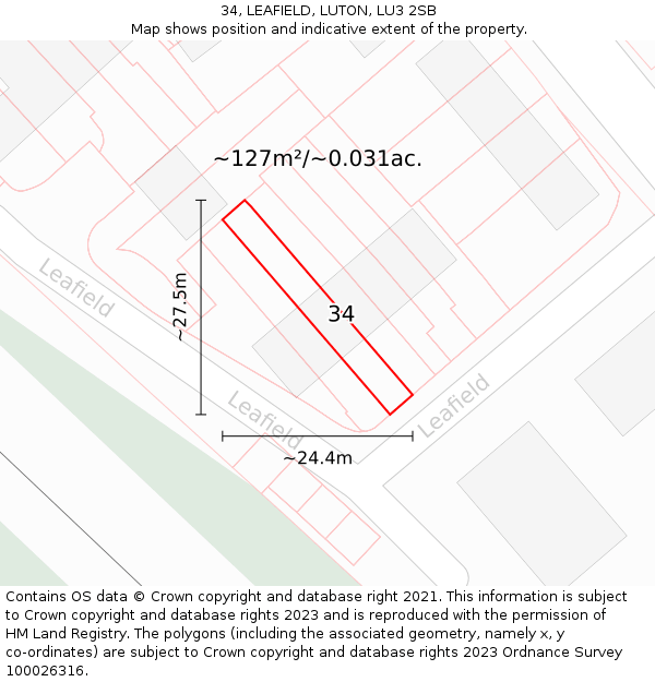 34, LEAFIELD, LUTON, LU3 2SB: Plot and title map