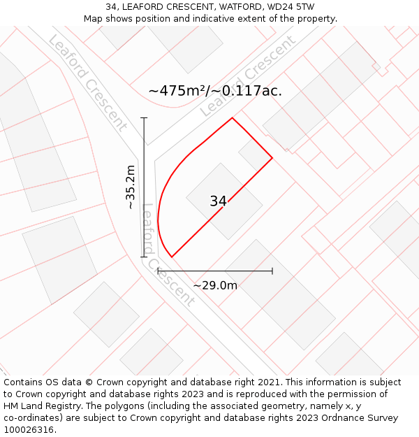 34, LEAFORD CRESCENT, WATFORD, WD24 5TW: Plot and title map