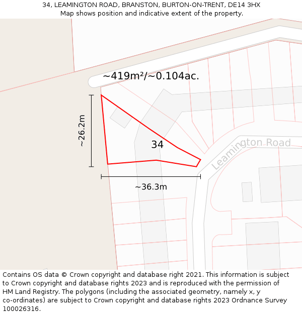 34, LEAMINGTON ROAD, BRANSTON, BURTON-ON-TRENT, DE14 3HX: Plot and title map