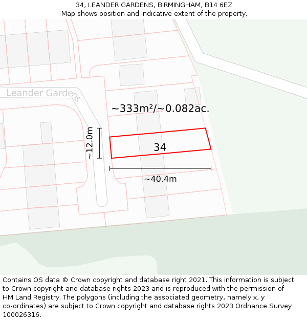 34, LEANDER GARDENS, BIRMINGHAM, B14 6EZ: Plot and title map